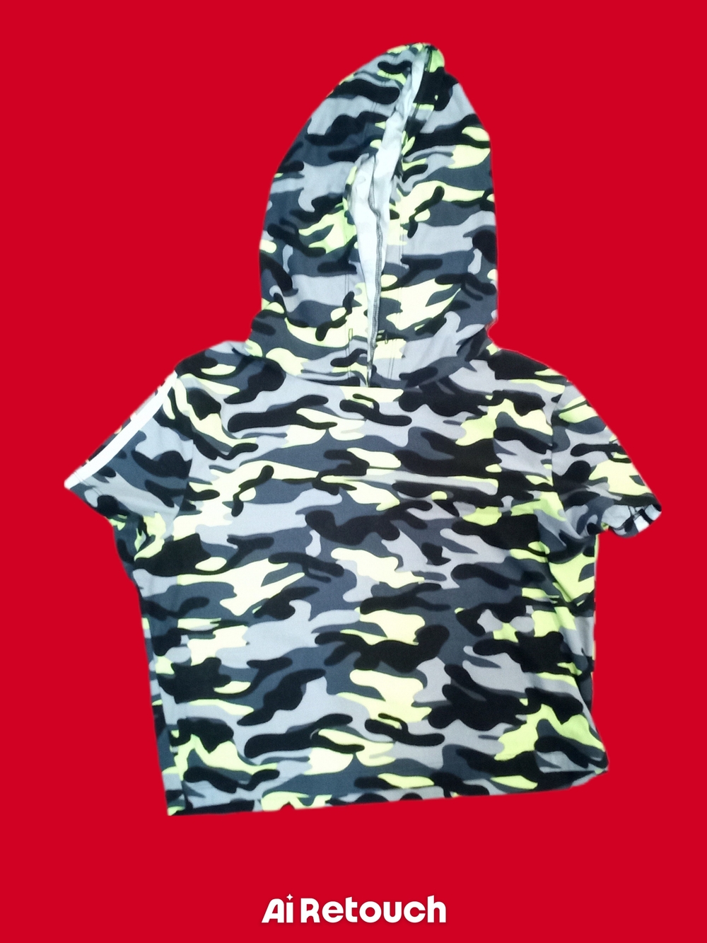 Women's Short-Sleeve Camo Crop Hoodie - Neon Green, Black & Gray